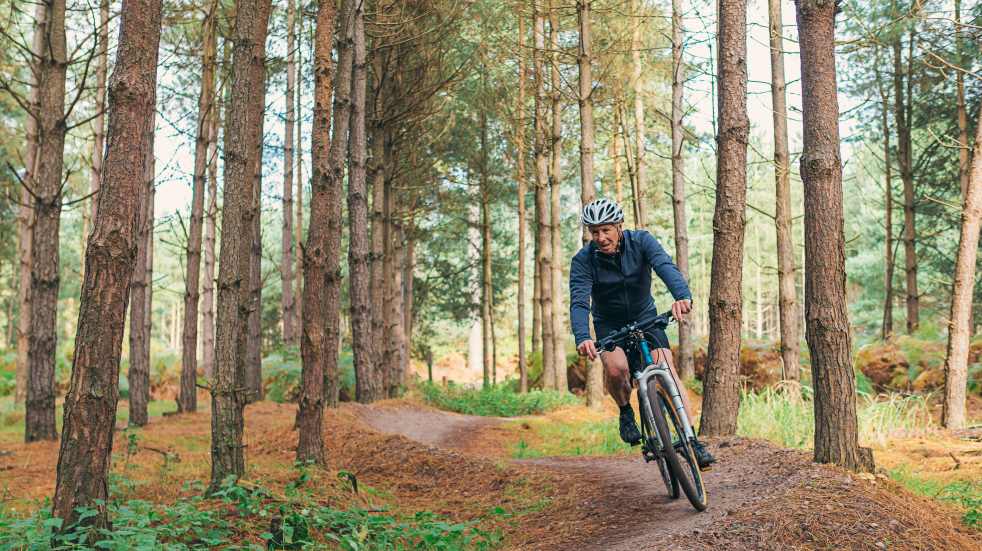 mountain biking in woods